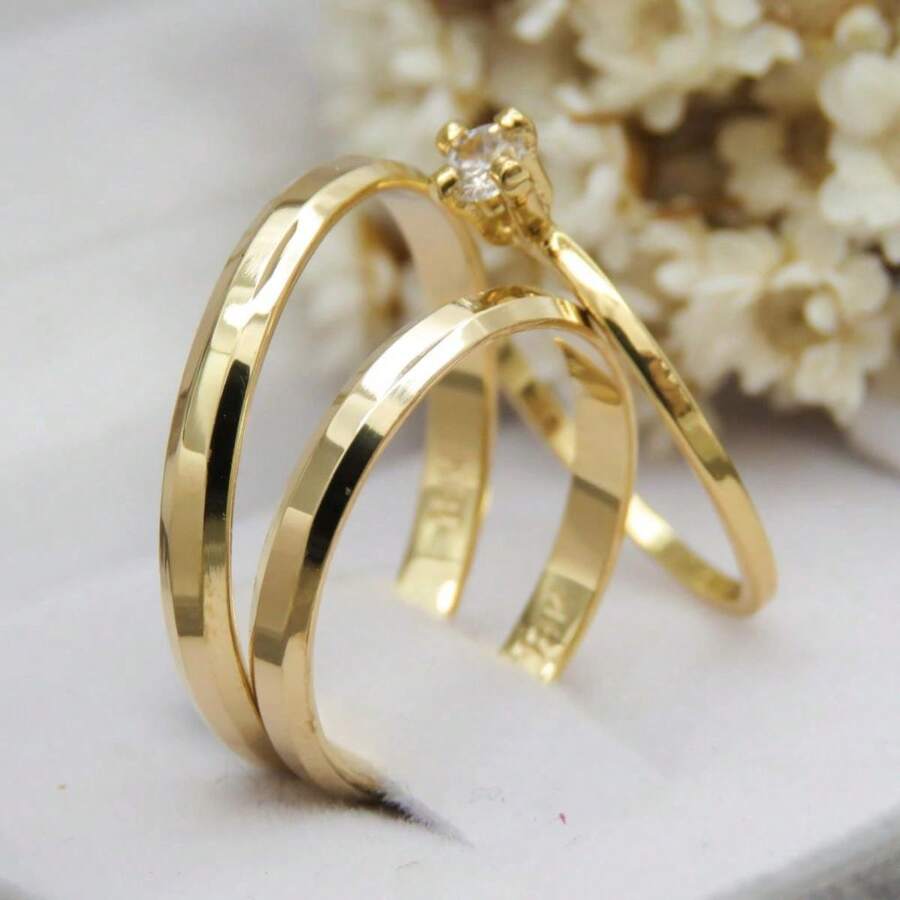 Pair Of 3mm Gold Wedding Bands + Diamond Solitaire | Couple's Engagement Rings In Premium 316L Stainless Steel | Luxury Design | Does Not Tarnish - Gold - View 1
