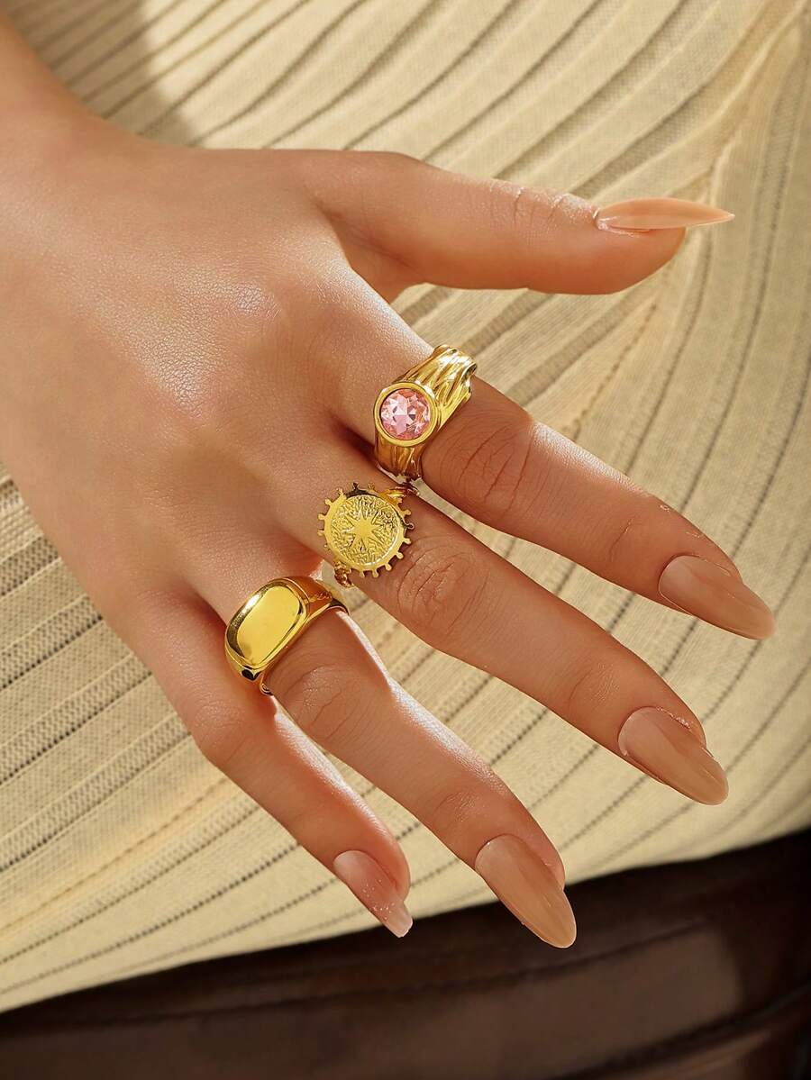 3件套18K镀金304不锈钢简约光滑圆形耳环，镶嵌圆形立方氧化锆，时尚优雅，适合女性日常佩戴 - 金黃色 - 查看 1