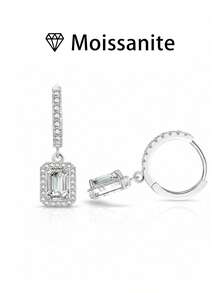 一对女士结婚耳环，4.4克925纯银吊坠长方形耳环，镶嵌1克拉*2颗莫桑石，奢华波西米亚宫廷风格，适合订婚、结婚纪念日、情人节等场合，附赠莫桑石证书和精美礼盒。 - 銀色 - 查看 8