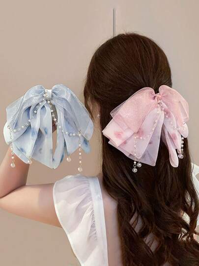 1件优雅玫瑰浪漫氛围蝴蝶结发夹，闪亮印花优雅发饰，女士适用