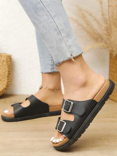 Women's Fashion Black Sandals With Wedge Heel, Thick Bottom Soft Sole Flat Sandals, Non-Slip Wear-Resistant Comfortable Minimalist Double Adjustable
