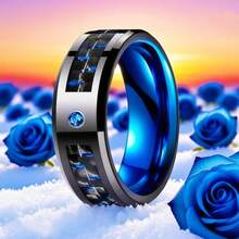 Nhẫn thép không gỉ 8mm thời trang, đính đá Zirconia tổng hợp màu xanh dương, nhẫn sợi carbon xanh dương, được đánh bóng, đeo thoải mái, thích hợp cho lễ đính hôn và đám cưới, phụ kiện nam, nhẫn cưới, trang sức cao cấp tinh tế, quà tặng Giáng sinh. - Màu xanh lam - Xem 3