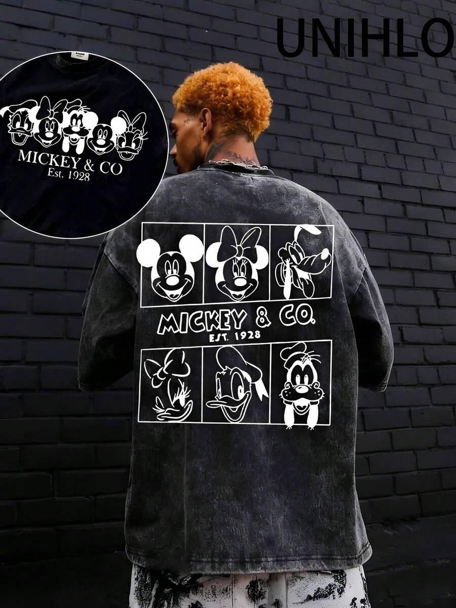 Disney Camiseta casual de verano con estampado de Mickey, de peso pesado y lavado retro, de estilo callejero y moda casual - Negro - Ver 1