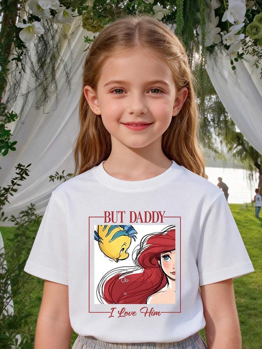 Disney Girls' T-Shirt, Featuring A Creative Print Of Disney's Ariel Princess, A Summer Style T-Shirt For Girls, Made Of Soft And Comfortable Fabric, Suitable For Everyday Wear. - White - View 1