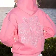 2025Hawaii Hibiscus Letter Print Embroidered Loose Sweatshirt Women's Drop Shoulder Sleeve Ribbed Hoodie Printlong Sleeve Tops - 梅子紅 - 查看 6