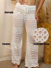 Kit 2 Calças Saída de Praia Tricot Crochê Pantalona Teladas Estilosa Moda Verão Confortavél - Caramelo e branco - Visão 8