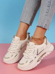 Zapatillas deportivas casuales de mujer con puntera redonda, malla cruzada, transpirables y cómodas - Beis - Ver 6