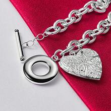 Pulsera de cadena con marco de foto con diseño de corazón plateado en plata de ley 925 para mujeres, joyería de boda y compromiso - Plateado - Ver 4