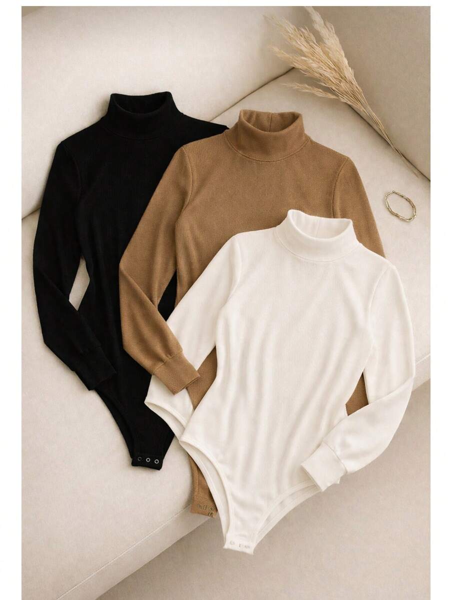 Set Of 3 Long-Sleeved, High-Neck, Ribbed, Premium Comfortable And Stylish Bodysuits. - Black Beige and White - View 1