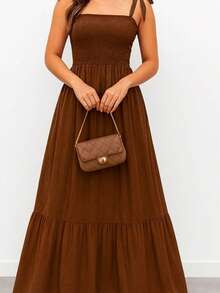 Women's Long Dress With Elastic And Adjustable Straps, Casual Style. - 鏽棕色 - 查看 2