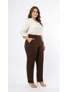 Plus Size Tailored Dress Pants - Marrón Chocolate - Ver 4