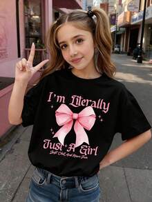 Teenage Girls' Cartoon Bow & Slogan Print Round Neck T-Shirt, Y2K Style Casual Soft & Comfortable Top, Spring/Summer - Black - View 8