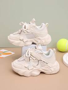 1 Pair Unisex New Breathable Thick-Sole Mesh Sneakers, Shock-Absorbing Non-Slip Children Running Shoes, Fashion Versatile Student Casual Shoes, Lightweight Chunky Sneakers Suitable For All Seasons - Beige - View 1