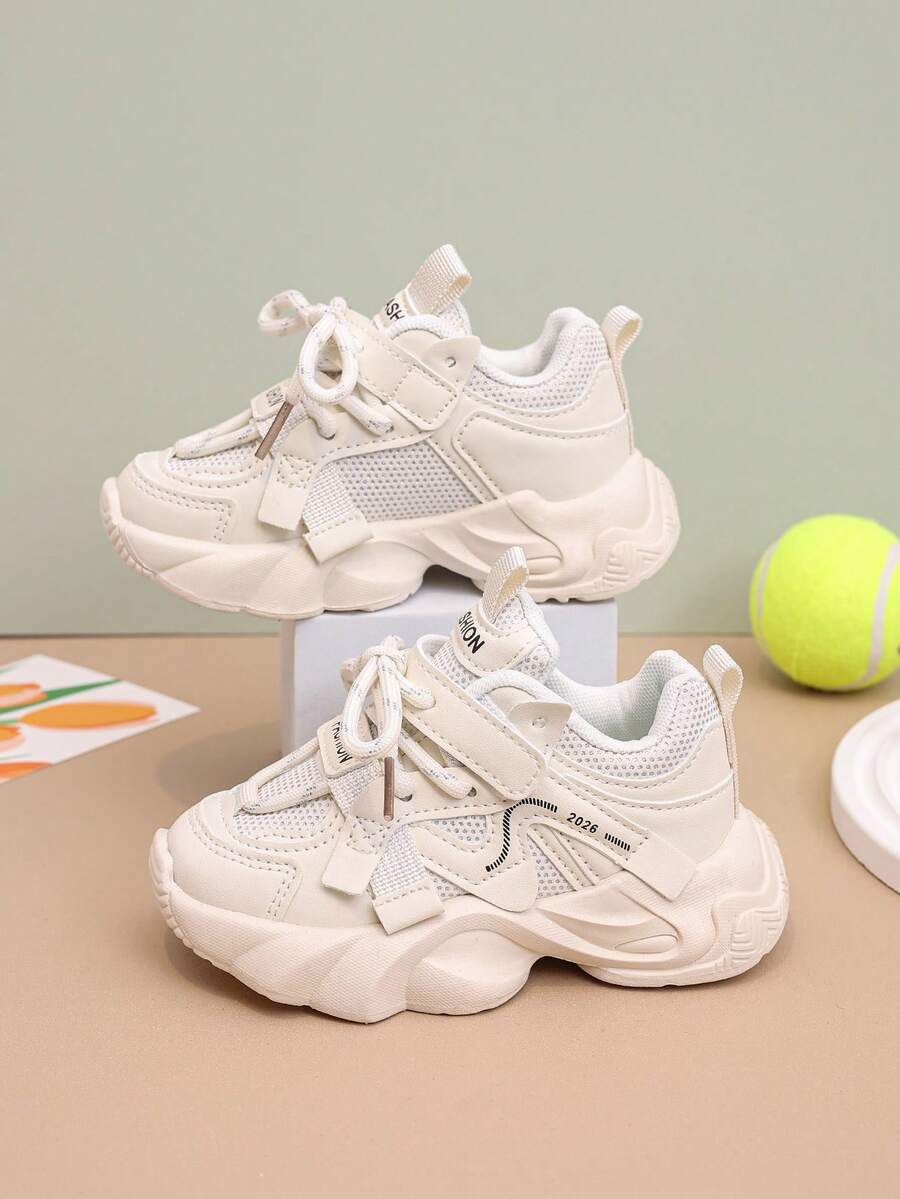 1 Pair Unisex New Breathable Thick-Sole Mesh Sneakers, Shock-Absorbing Non-Slip Children Running Shoes, Fashion Versatile Student Casual Shoes, Lightweight Chunky Sneakers Suitable For All Seasons - Beige - View 1
