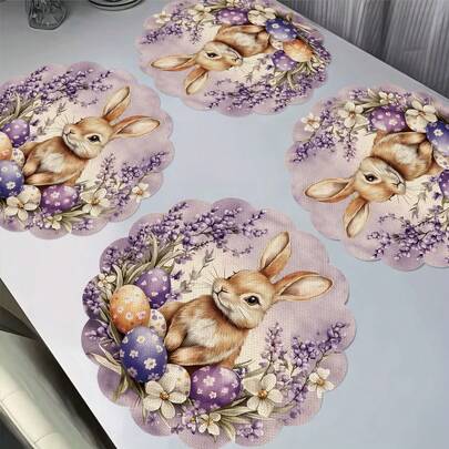 2/4/6/8/16pcs Set Floral, Round, Purple, White Flower, Egg, Leaf, Light Brown Rabbit Easter Themed Placemats, Suitable For Home Party, Restaurant, Dining Table, Kitchen Decor