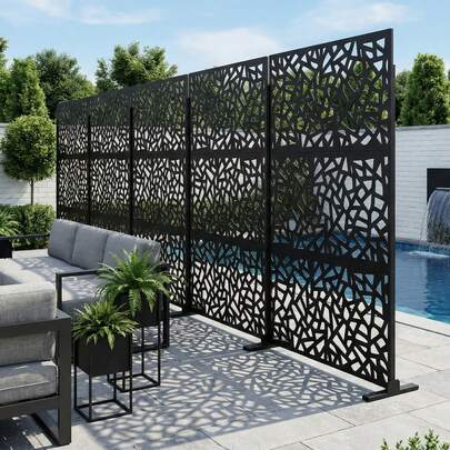 Advwin Metal Privacy Screen Outdoor,72" H X 46" W With Stand ,Durable Steel And Non-Slip Gloves Included For Patio, Garden, Balcony Or Backyard,Modern Geometric
