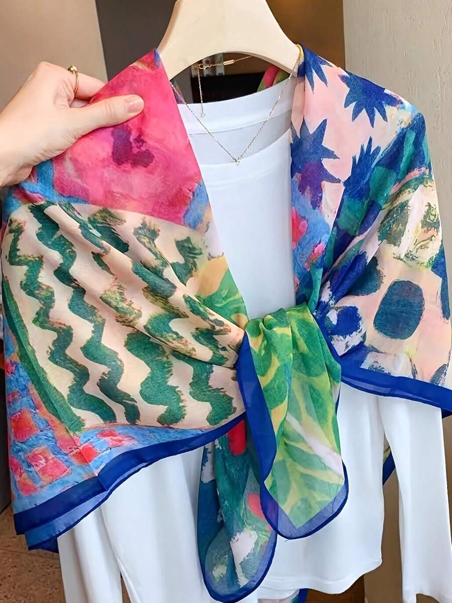 1件浪漫彩色大号围巾披肩，春秋季外出、空调房内皆宜的百搭配饰 - 綠色 - 查看 1