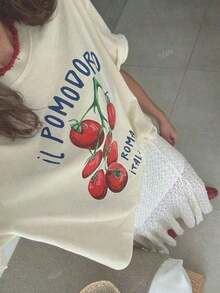 Camiseta Casual Feminina de Manga Curta com Gola Redonda e Estampa de Tomate - Damasco - Visão 6