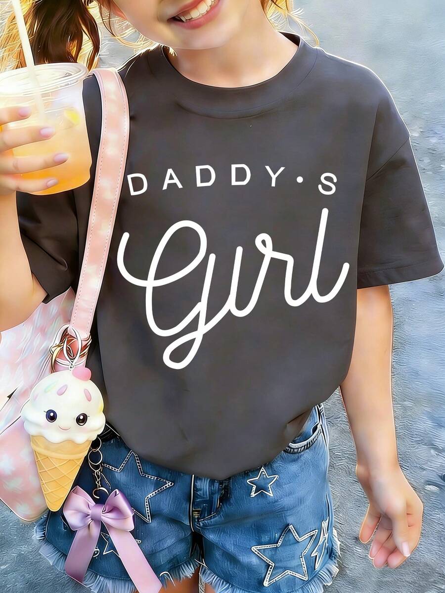 Tween 女童休闲时尚图案印花圆领短袖 T 恤,夏季上衣 - 深灰色 - 查看 1