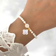 1pc New Classic Cross Round Initial Pendant Beaded Bracelet For Women - White - View 1
