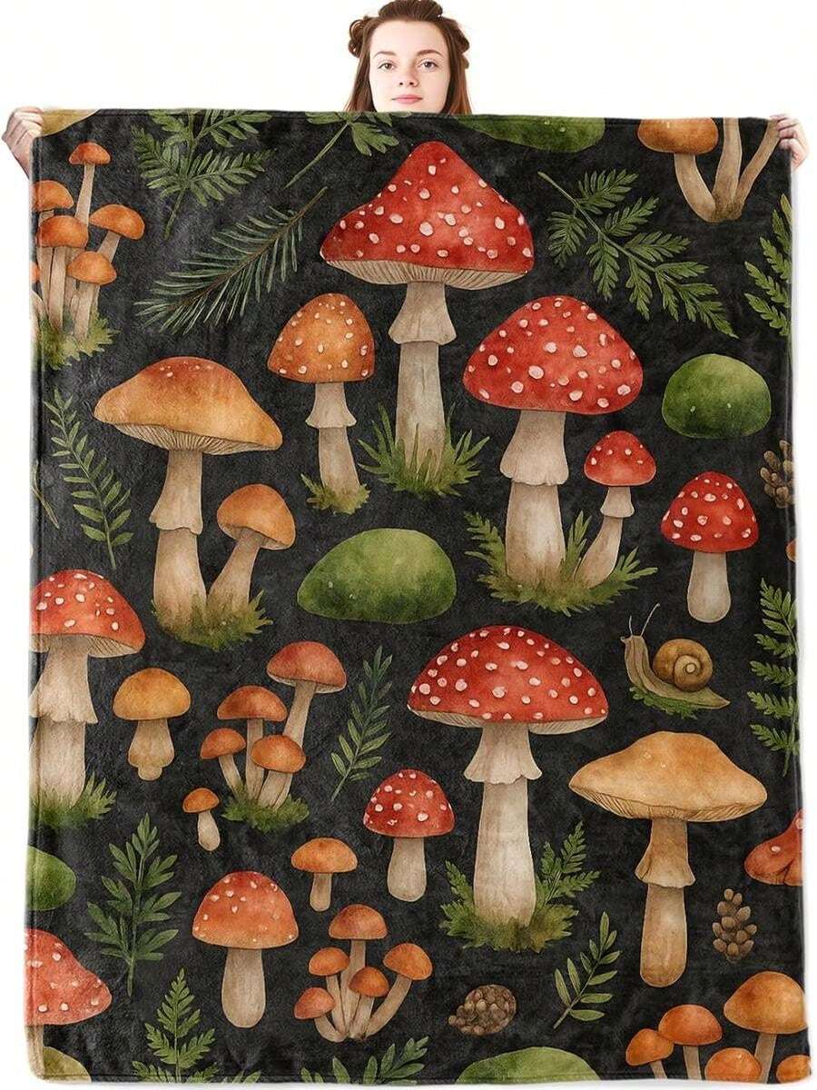 Whimsical Mushroom Flannel Blanket,Forest Plant And Snail On Black Background Throw With Woodland Nature,Lightweight Fleece Blankets For Adults,Couch,Cabin,Bed,Camping Decor Gifts - 白色 - 查看 1