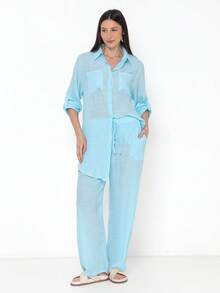 Camisa conjuntos Manga Longa com Calça Feminina Botões e Bolso na frente - Azul - Visão 3
