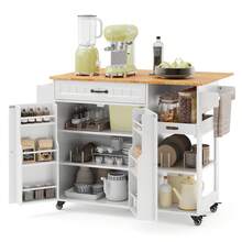 Asofer Rolling Kitchen Island Cart ,With Drawers And Folding Drop Shelf, Waterproof Tabletop And 5 Wheels With Brakes Wheels, Interal Adjustable Shelf And Towel Rack,Large Storage Cabinet - 白色 - 查看 2
