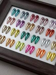 24 Colors Moonlight Aurora High-Grade Mirror Nail Powder, Comes With Storage Box, Includes 24 Shades Of Super Bright Mirror Nail Powder, Suitable For Manicure Decoration, Christmas, Halloween And Nail Art. - 彩色 - 查看 4