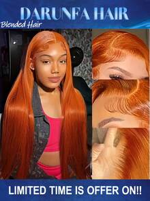 柔软34英寸200%密度姜橙色13*4混合发前蕾丝假发，无需胶水，耐热透气合成纤维，自然发际线，自由分缝，适合派对和日常佩戴。 - S350 - 查看 11