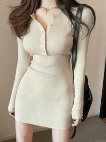 秋冬季女士针织修身连衣裙，优雅 - 杏色 - 查看 5