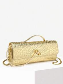 Women's Braided Textured Leather Handbag Flap Clutch Purse Top Handle Punk Hobo Bags, Women's Retro Minimalist Faux Woven Texture Angora Red Vintage Flap Lock Large Capacity Clutch Handbag, Shoulder Bag For Parties, Outings And Daily Use - 金色 - 查看 1