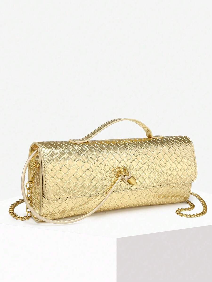 Women's Braided Textured Leather Handbag Flap Clutch Purse Top Handle Punk Hobo Bags, Women's Retro Minimalist Faux Woven Texture Angora Red Vintage Flap Lock Large Capacity Clutch Handbag, Shoulder Bag For Parties, Outings And Daily Use - 金色 - 查看 1