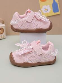 1 Pair Girls' Pearl Bow Decor Breathable Mesh Princess Sports Shoes, Soft Sole Anti-Slip Anti-Kick Infant Casual Toddler Shoes, Fashion Versatile Children Running Shoes, Suitable For All Seasons - Pink - View 1