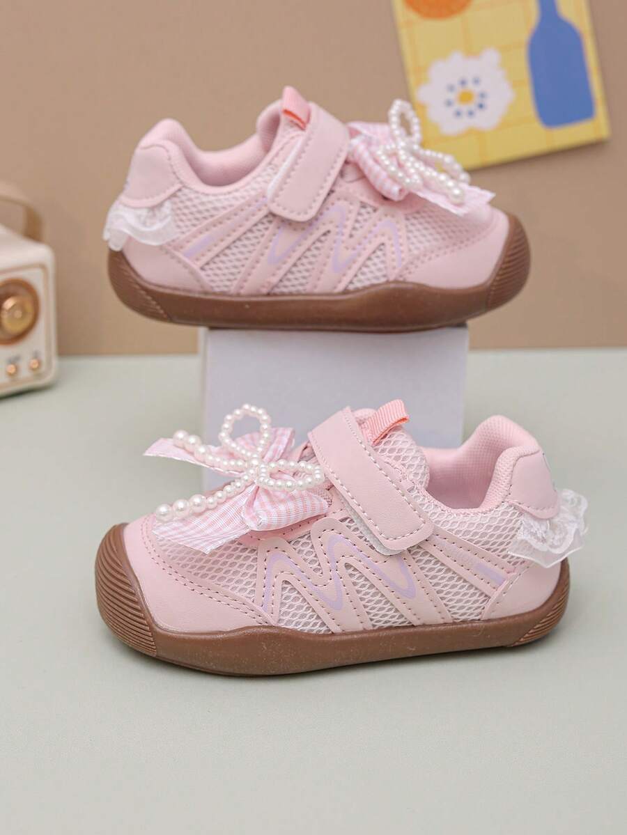 1 Pair Girls' Pearl Bow Decor Breathable Mesh Princess Sports Shoes, Soft Sole Anti-Slip Anti-Kick Infant Casual Toddler Shoes, Fashion Versatile Children Running Shoes, Suitable For All Seasons - Pink - View 1