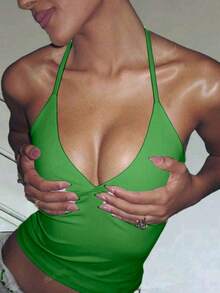 Minimalist Halter Top With V-Neck And Neck Tie - Summer - 綠色 - 查看 5