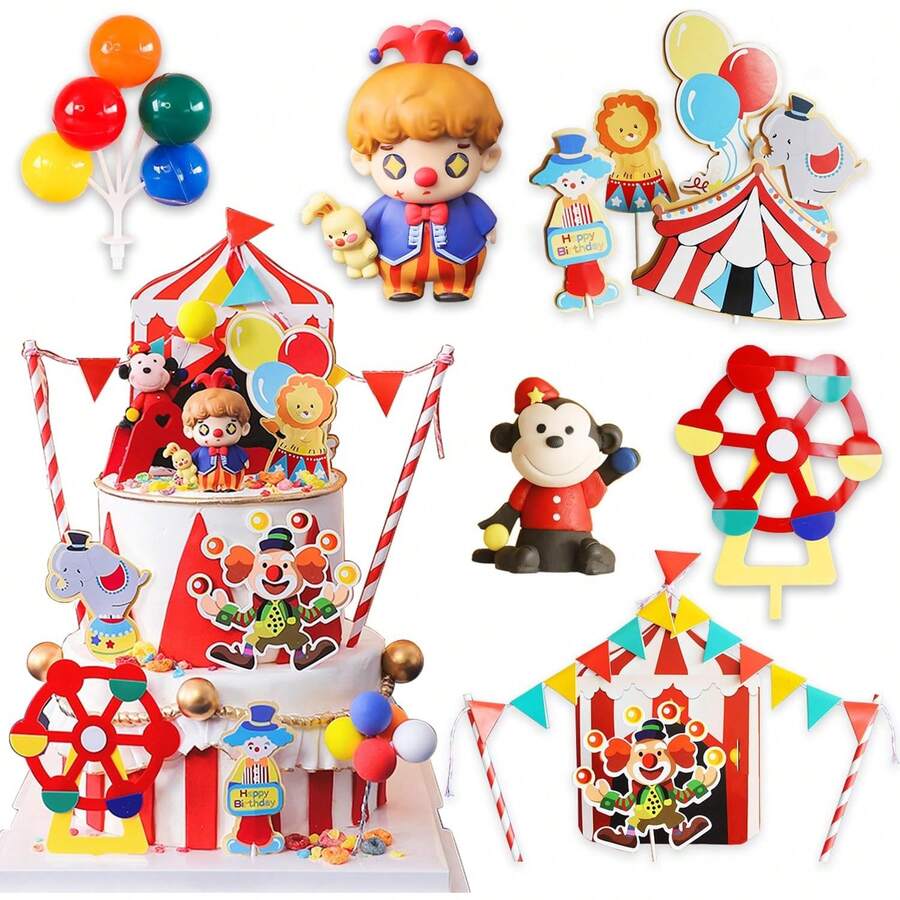 Circus Clown Birthday Cake Decoration Set – 20 Pieces Including PVC Clown Figurine With Bunny, "HAPPY" Mini Cake Banner, Circus Elements, And Colorful Clay Balloons For Party Decorations - Ymx-054 - Xem 1