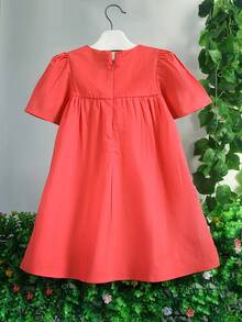 女童花卉刺繡休閒公主洋裝，適合派對，女童夏季服飾 - 紅色 - 查看 4