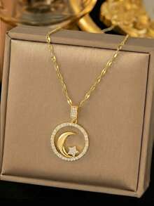1件精致立方氧化锆月亮星星吊坠锁骨链项链，18K镀金镂空圆环吊坠，星空主题珠宝，女士时尚金色饰品礼物 - 金黃色 - 查看 1