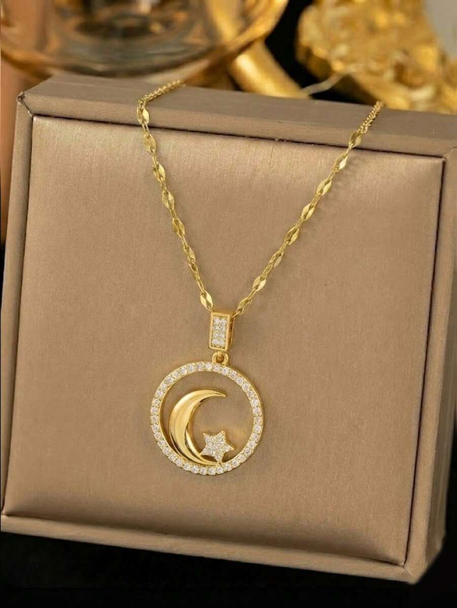 1件精致立方氧化锆月亮星星吊坠锁骨链项链，18K镀金镂空圆环吊坠，星空主题珠宝，女士时尚金色饰品礼物 - 金黃色 - 查看 1