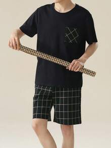 AICJ 2 件男士纯色休闲宽松简约口袋圆领短袖格子短裤睡衣套装，适合春夏季 - 黑色 - 查看 3