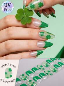 22pcs Lucky Green Gradient Shiny Gel Nail Stickers, St. Patrick's Theme, Vibrant Green Four-Leaf Clover Star Design, Long-Lasting, No UV Lamp Needed, Suitable For Women & Girls Daily, Commute, Spring/Summer, St. Patrick's Party, DIY Nail Art Nails - Green - View 2