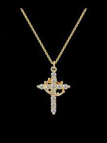 母亲节礼物推荐：升级版皇冠十字架项链、14K镀金皇冠十字架吊坠项链、简约钻石金项链、信仰十字架首饰、初领圣餐项链 - 彩色 - 查看 1