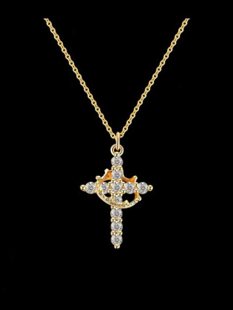 母亲节礼物推荐：升级版皇冠十字架项链、14K镀金皇冠十字架吊坠项链、简约钻石金项链、信仰十字架首饰、初领圣餐项链 - 彩色 - 查看 1