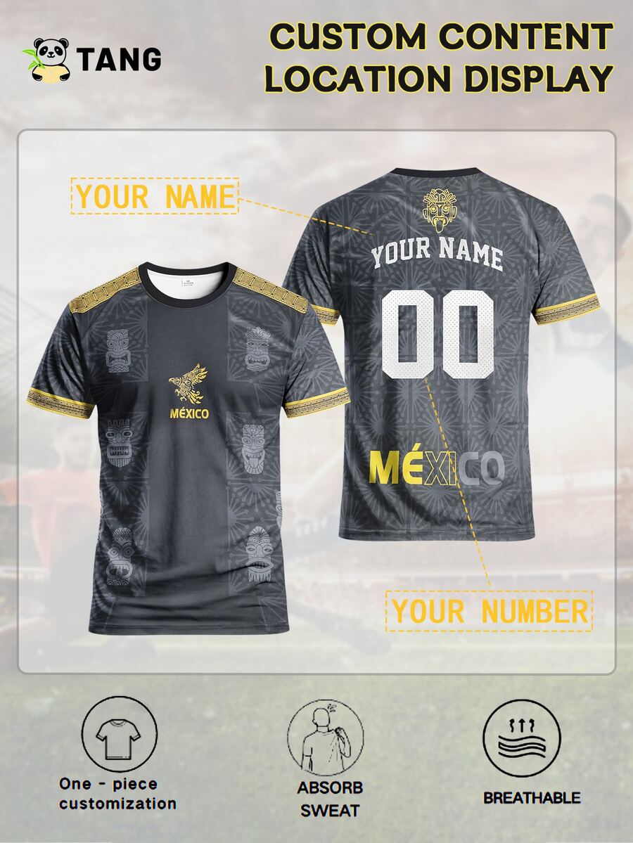 可定制墨西哥风男士足球球衣，舒适圆领运动上衣，适合足球训练、休闲穿着、作为礼物，时尚潮流，兼具嘻哈、休闲、简约时尚、个性化、定制、独特、男士服装、胶囊衣橱、男士基础/街头风格，是送给他、男友、家人、朋友的理想礼物，适合生日、度假/节日、学校/比赛、运动/攀岩等场合。黑色