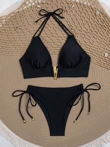 jeederkim Bộ bikini nữ màu đen thanh lịch và sang trọng với áo yếm co giãn cao cấp và quần bikini buộc dây hai bên. - màu đen - Xem 6