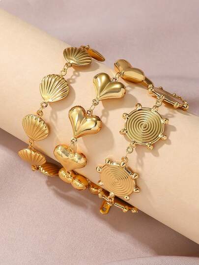  1 pieza Pulsera de acero inoxidable con cuentas con forma de corazón y concha, estilo playa, impermeable, enchapada en oro de 18K, para mujer