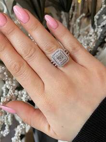 1枚时尚方形锆石戒指，女士款，适合婚礼、订婚、情人节礼物 - 銀色 - 查看 5
