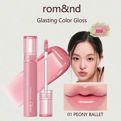 Rom&nd Romand Glasting Water Tint #01 Peony Ballet, High Viscosity, Creates A Glossy, Luminous Lip Makeup With A Crystalline Shine, Jelly-Like Texture, 6-Hour Moisturizing, Vegan Formula, Portable, Creates A Korean Glass Lip Makeup, Shiny On Camera, Moisturizes Dry Lips, Korean Cosmetics, 4g/0.14oz