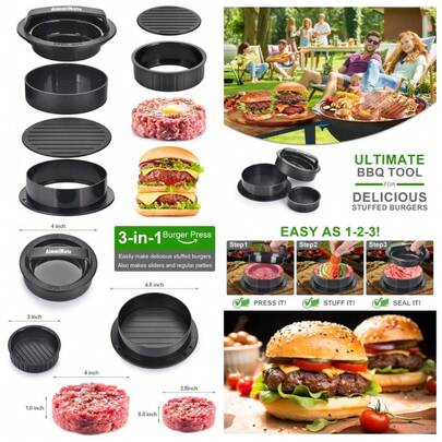 3 In 1  Patty Maker For Stuffed Burgers Sliders Beef Grilling Burger Press