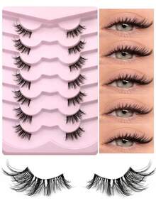 GROINNEYA 7对半条式假睫毛，透明带猫眼假睫毛，轻盈蓬松的貂毛假睫毛，拉长眼尾，飞扬的交叉假睫毛，精致可重复使用，适合日常通勤、约会、婚礼宾客、旅行和节日妆容。 - 查看 12